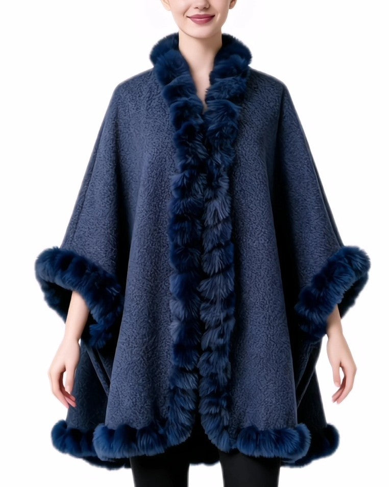 Pom Fur Trimmed Open Front Cape Wrap - Blue