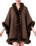 Pom Fur Trimmed Open Front Cape Wrap - Coffee