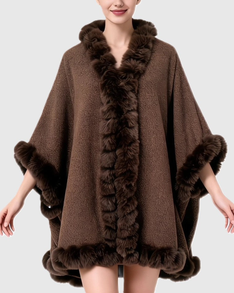 Pom Fur Trimmed Open Front Cape Wrap - Coffee - 1