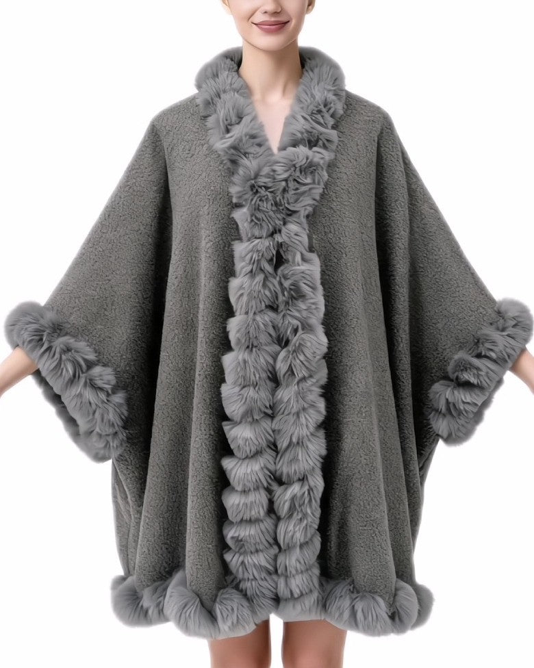 Pom Fur Trimmed Open Front Cape Wrap - Dark-Grey