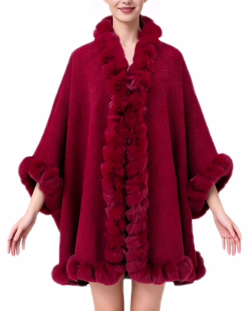Pom Fur Trimmed Open Front Cape Wrap - Wine-Red