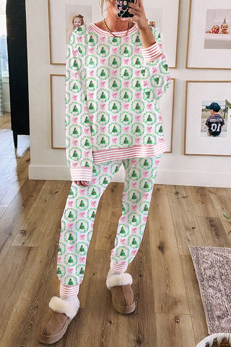Festive Print Long Sleeve Lounge Set - Green