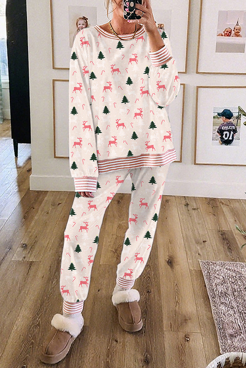 Festive Print Long Sleeve Lounge Set - White
