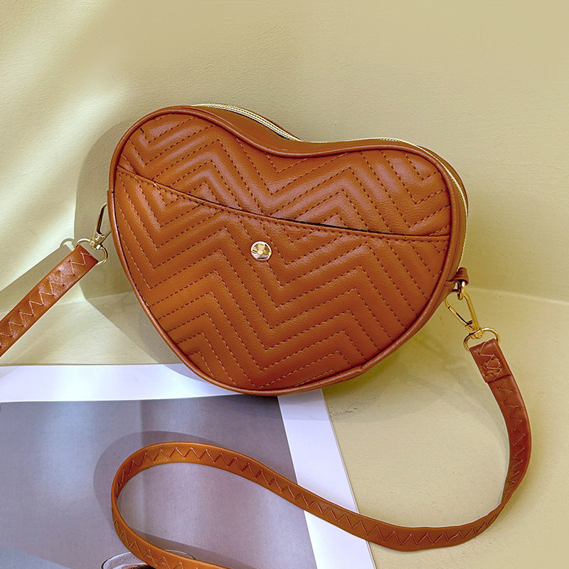 Quilted Heart Shaped Crossbody Bag - Brown