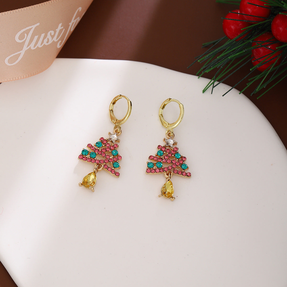 Crystal Christmas Tree Bell Drop Earrings - Gold - 3