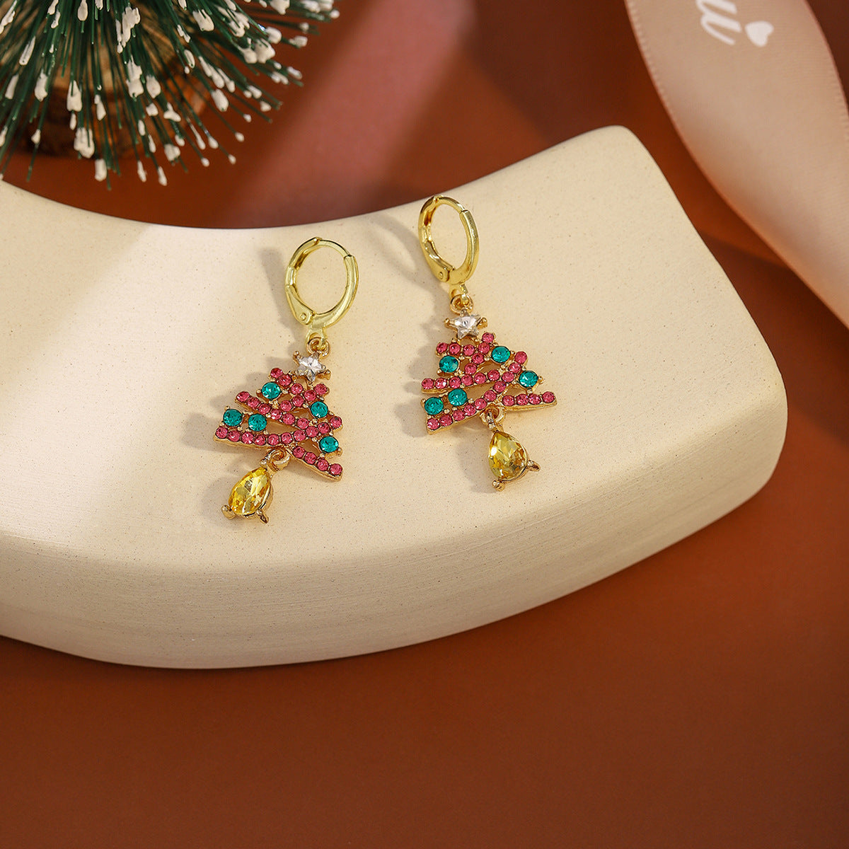 Crystal Christmas Tree Bell Drop Earrings - Gold - 4