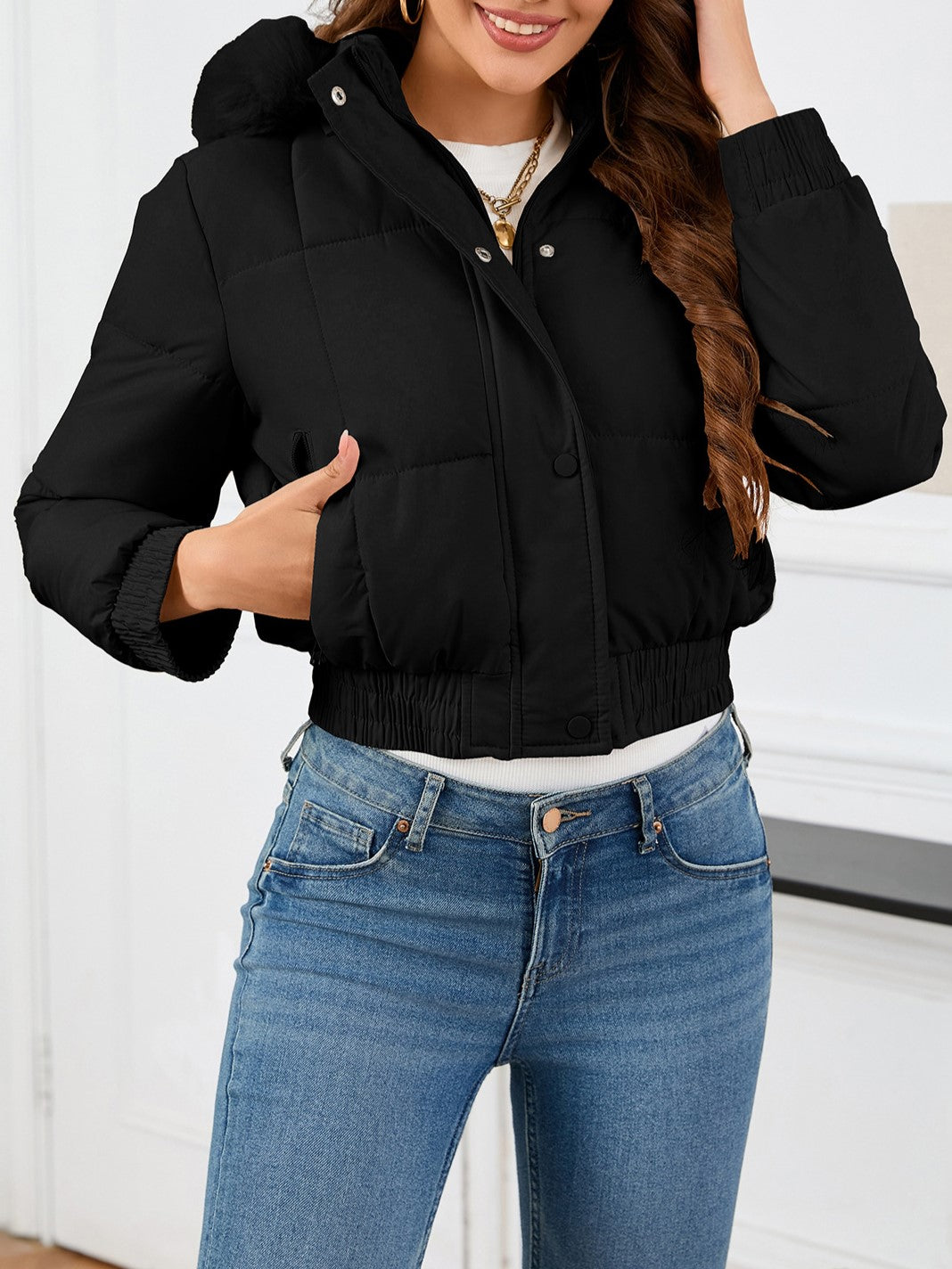 Cropped Faux Fur Hooded Puffer Jacket - Black