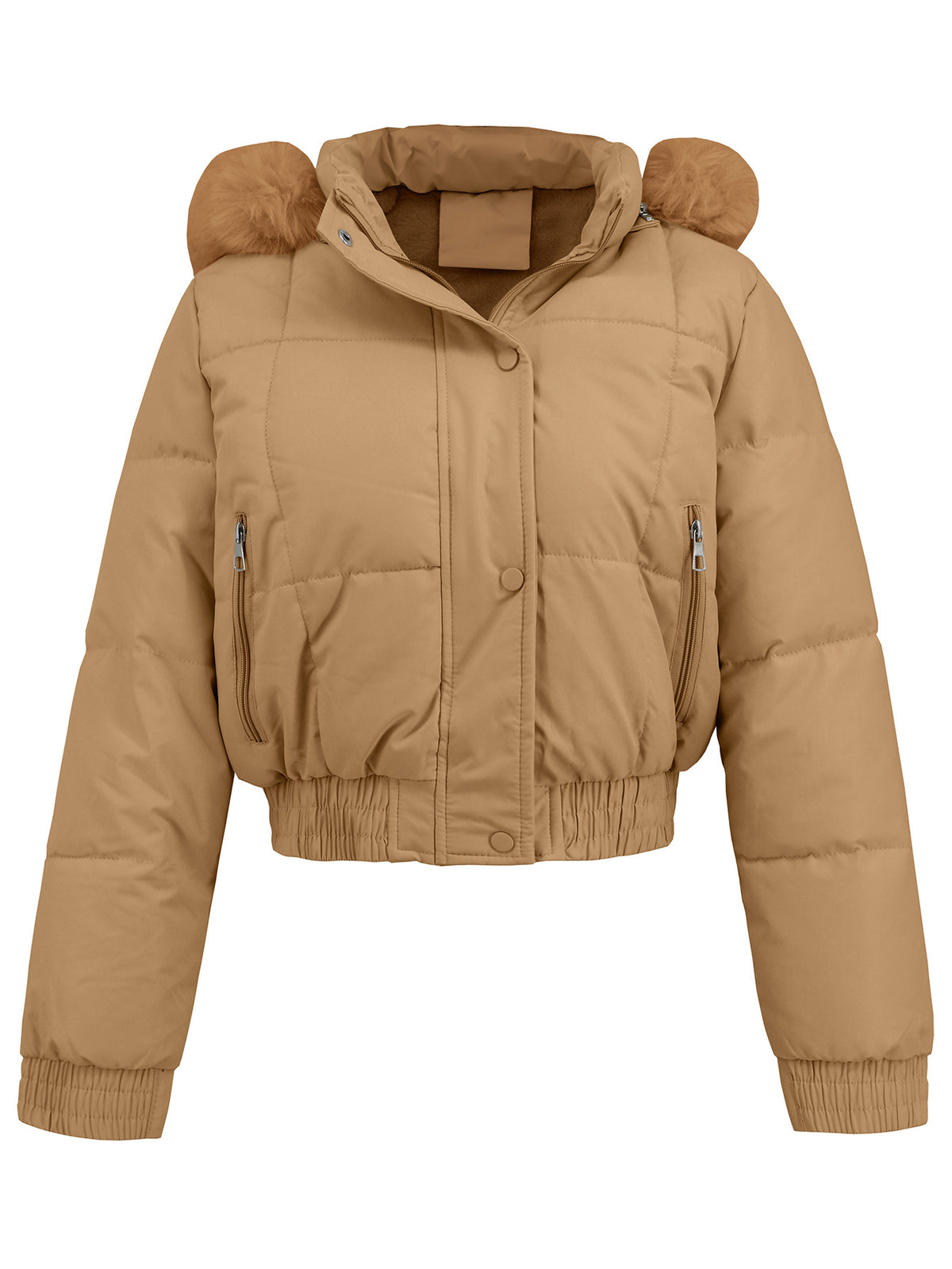 Cropped Faux Fur Hooded Puffer Jacket - Camel
