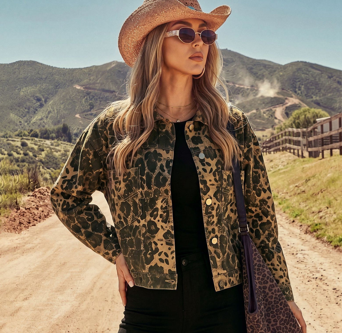 Cropped Leopard-Print Denim Jacket with Metal Buttons - Leopard