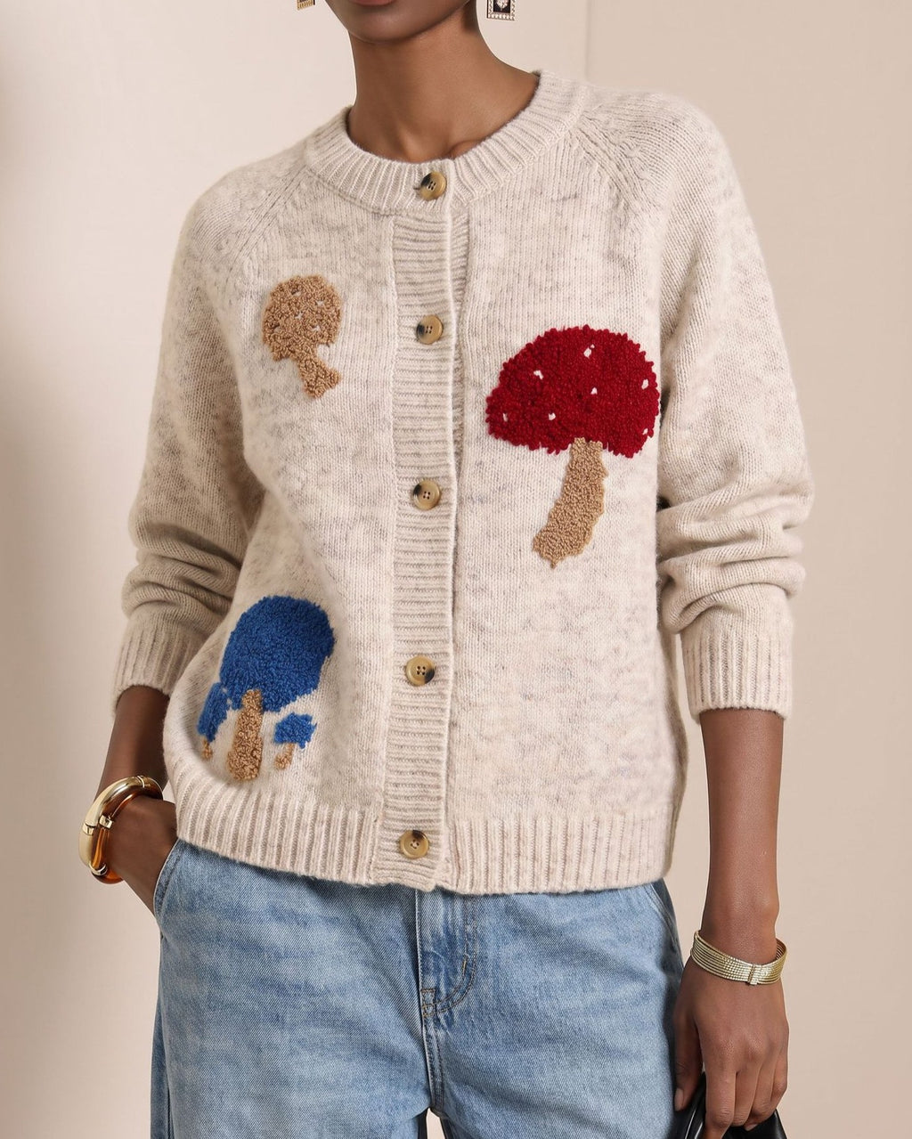 Fuzzy Mushroom Motif Button Front Cardigan - Apricot