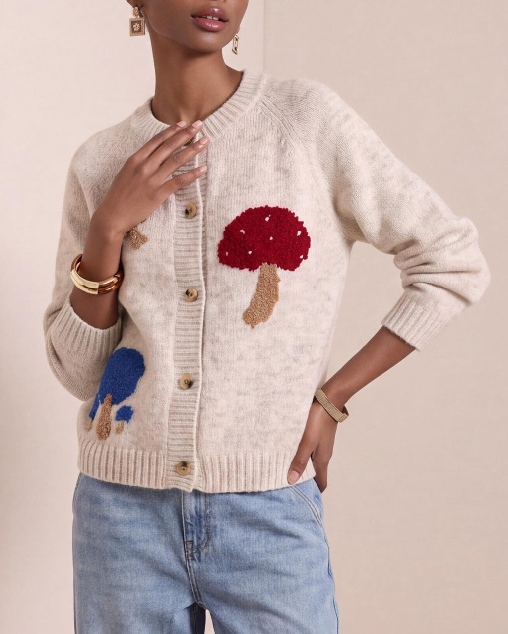 Fuzzy Mushroom Motif Button Front Cardigan - Apricot - 1