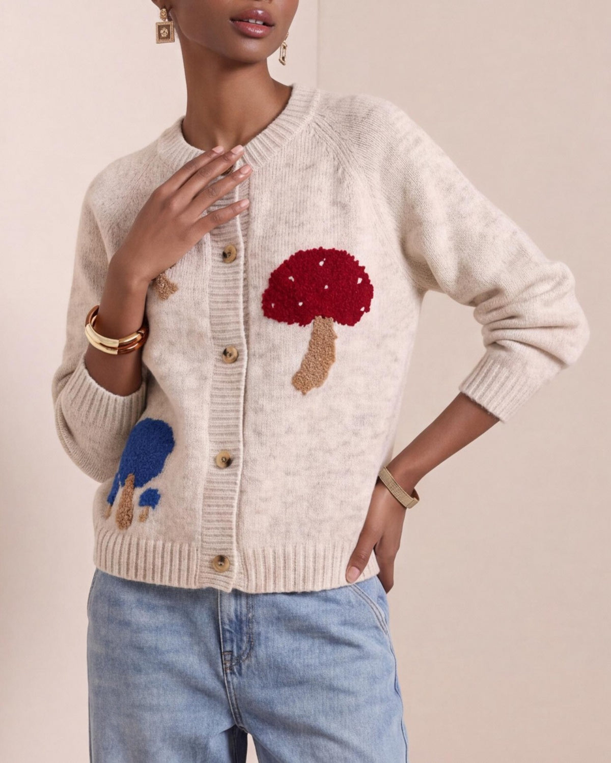 Fuzzy Mushroom Motif Button Front Cardigan - Apricot - 1