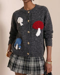 Fuzzy Mushroom Motif Button Front Cardigan - Gray