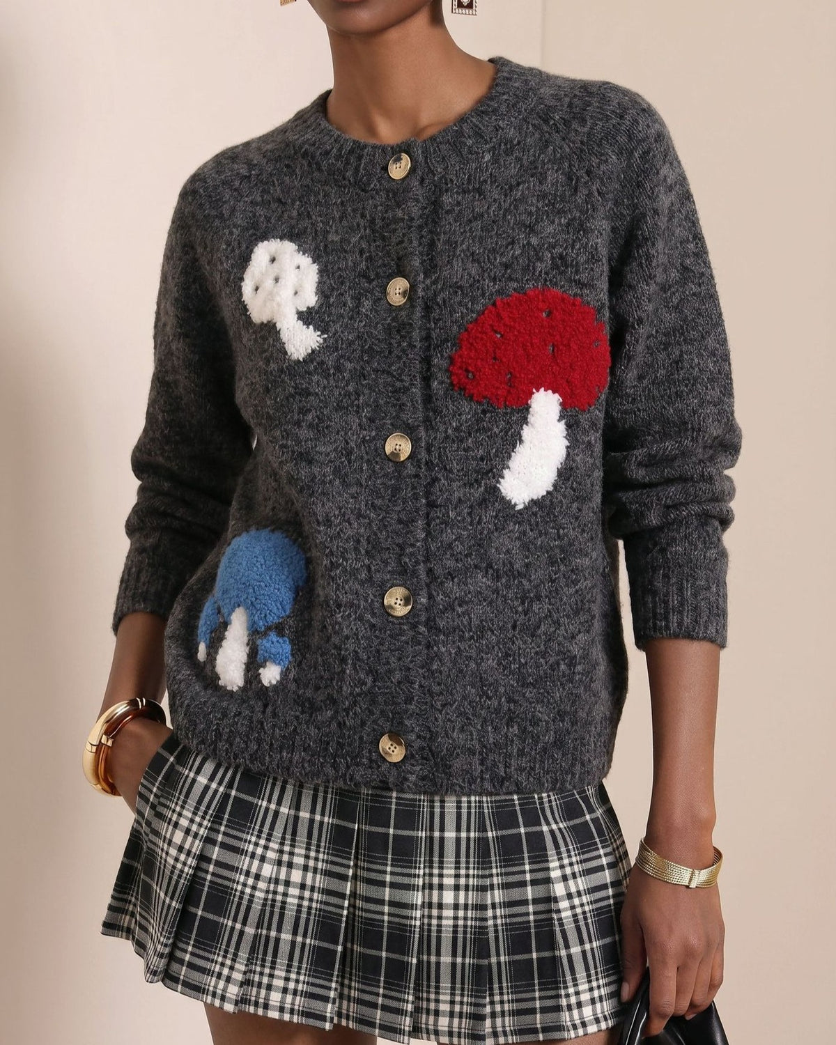 Fuzzy Mushroom Motif Button Front Cardigan - Gray