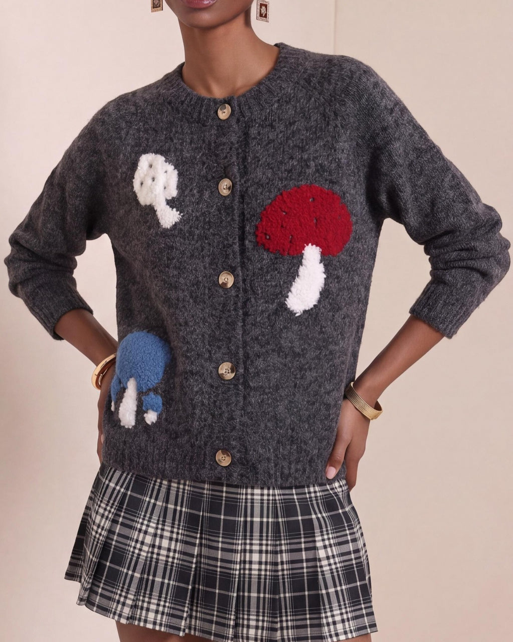 Fuzzy Mushroom Motif Button Front Cardigan - Gray - 1
