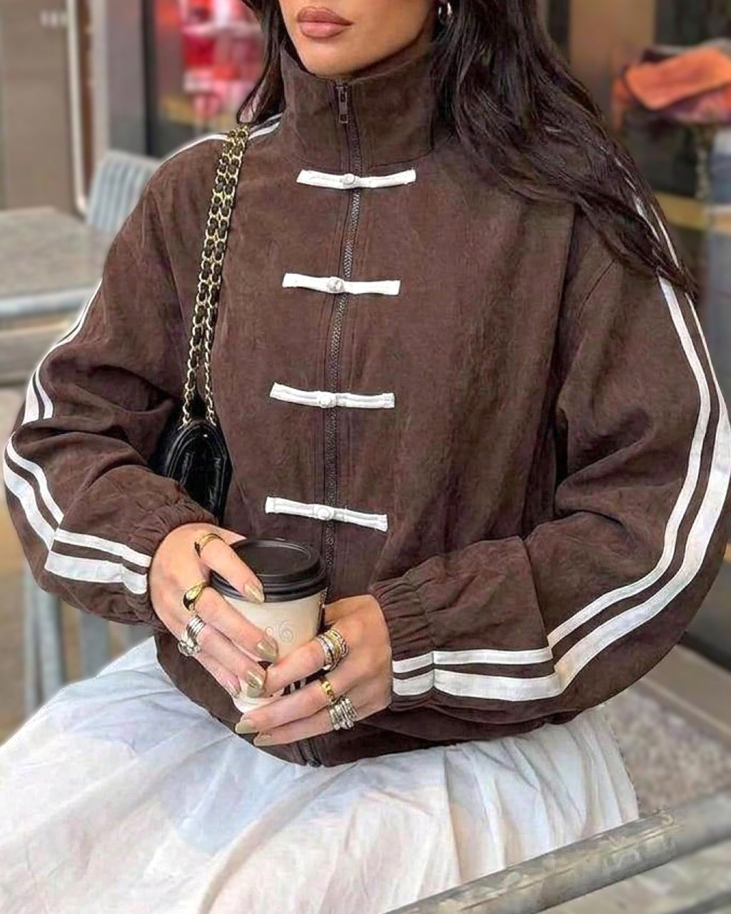 Frog Button Stand Collar Track Jacket - Coffee