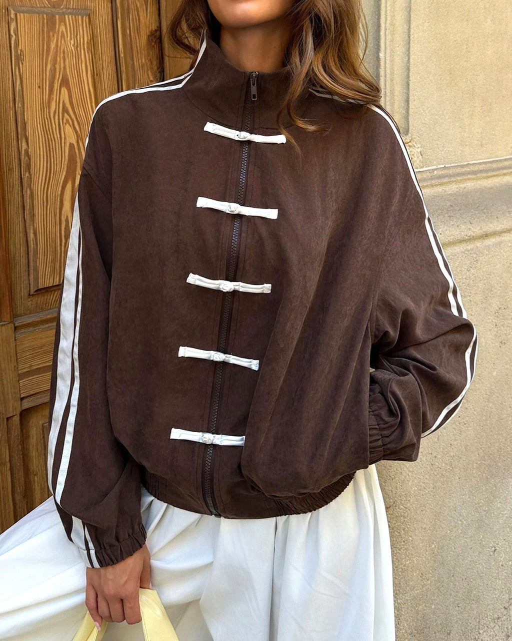 Frog Button Stand Collar Track Jacket - Coffee - 1