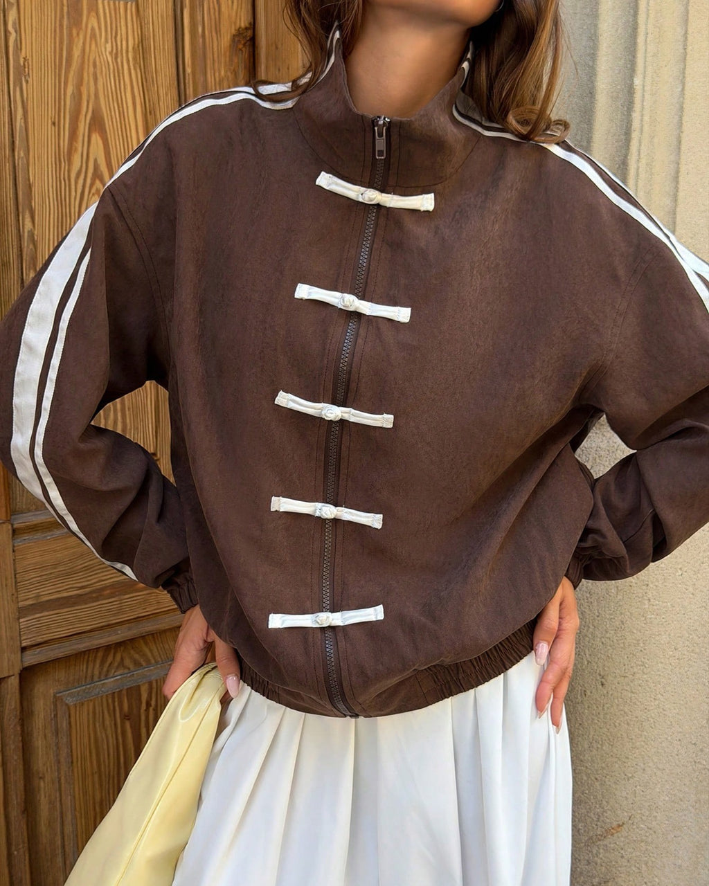 Frog Button Stand Collar Track Jacket - Coffee - 2