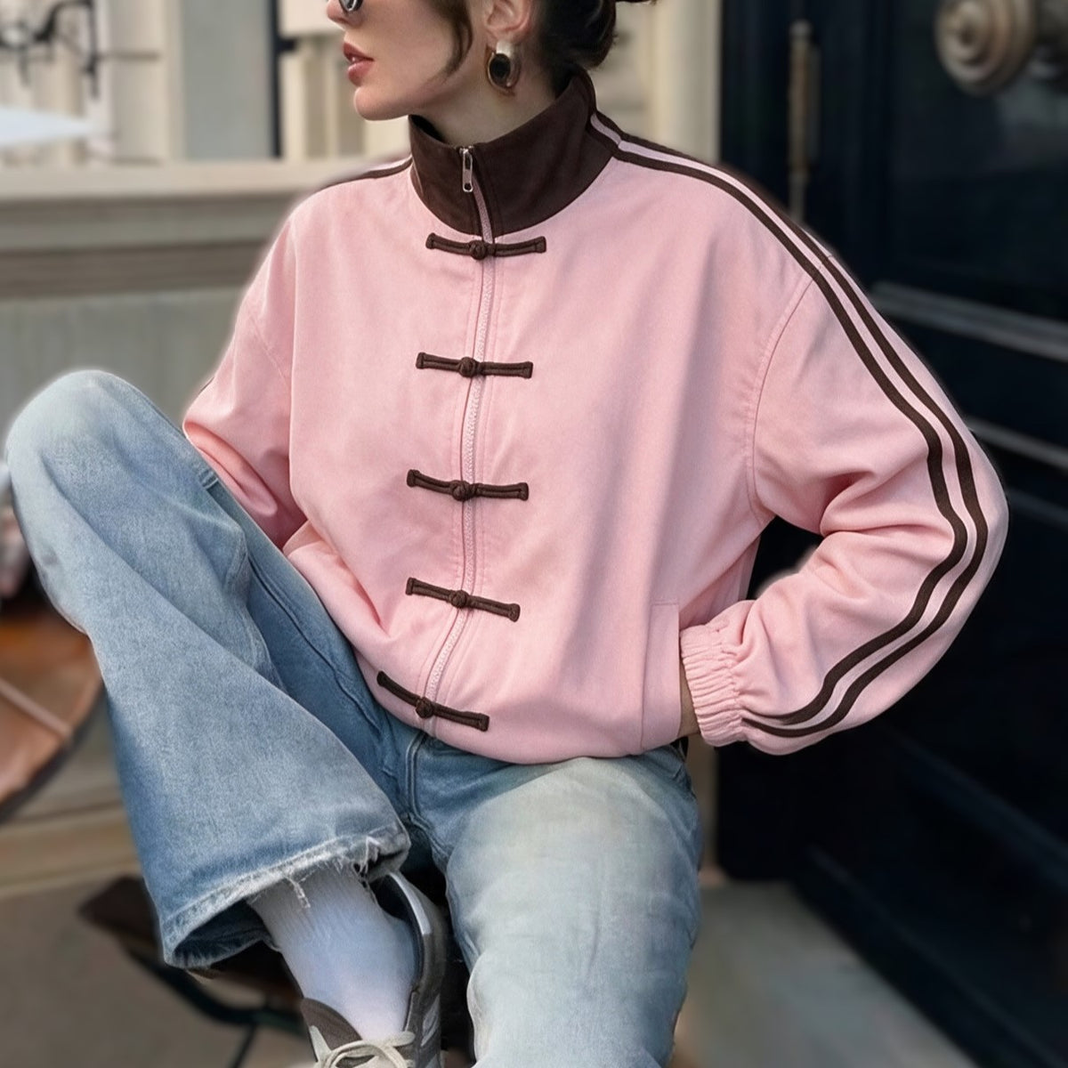 Frog Button Stand Collar Track Jacket - Pink