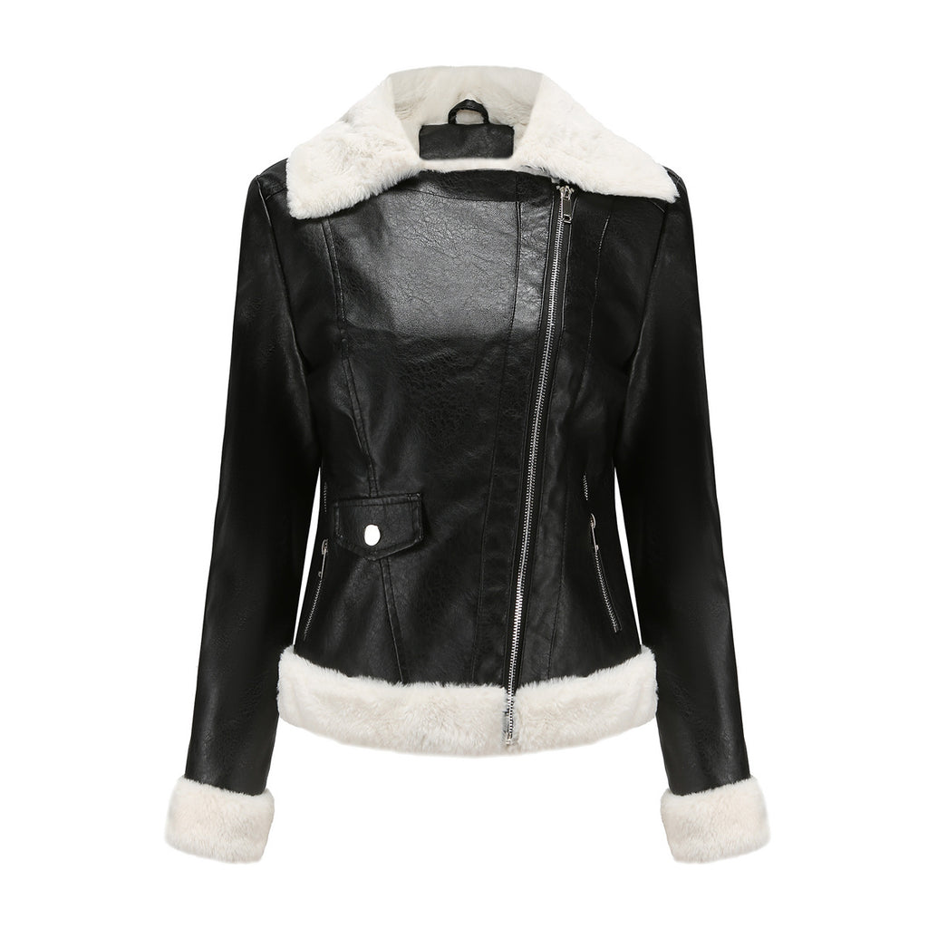 Faux Shearling Trim Aviator Biker Jacket - Black