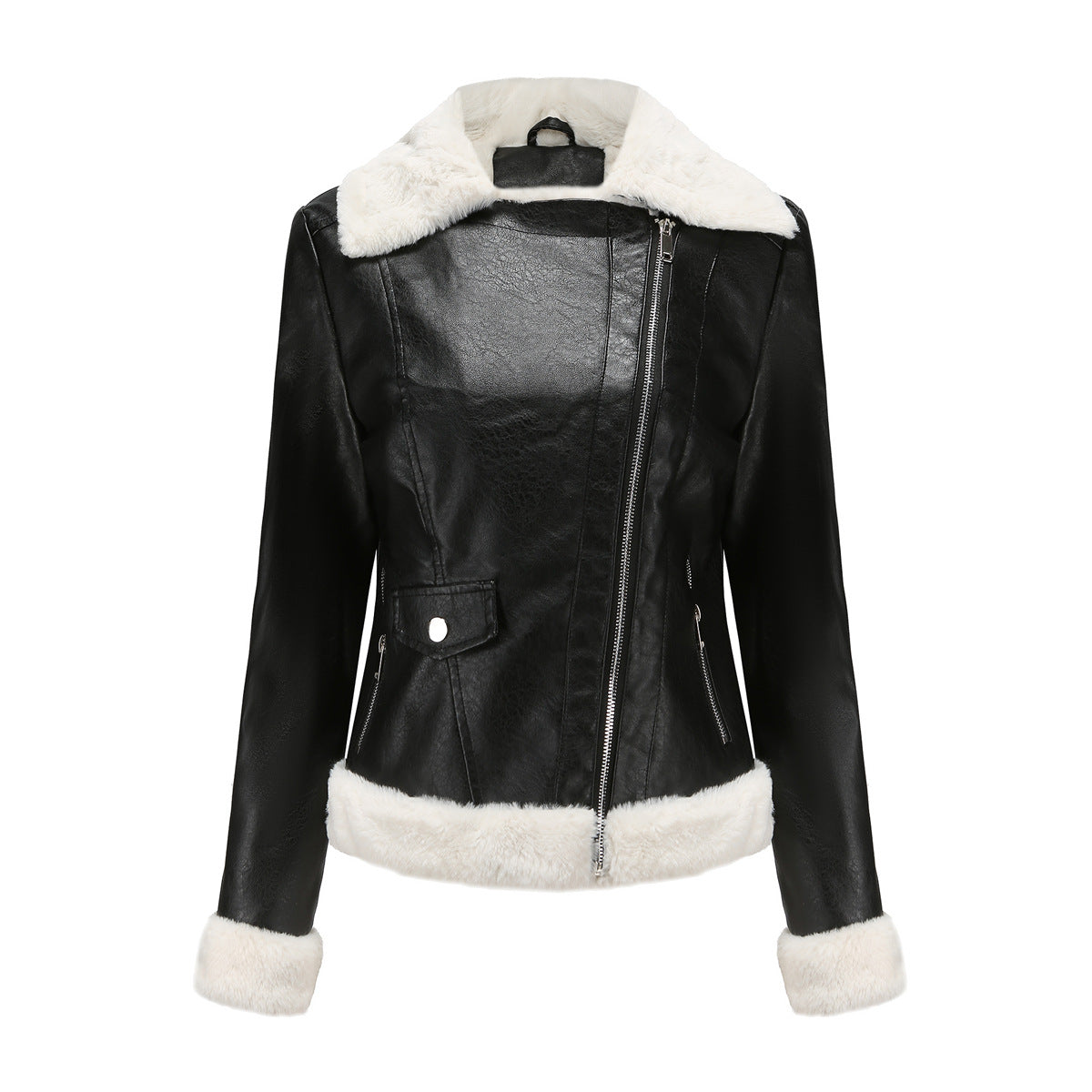 Faux Shearling Trim Aviator Biker Jacket - Black