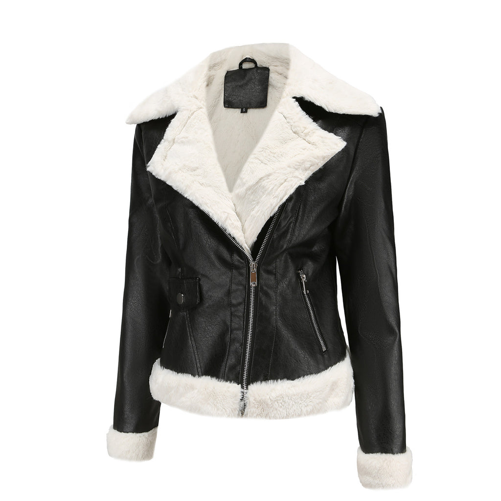 Faux Shearling Trim Aviator Biker Jacket - Black - 1