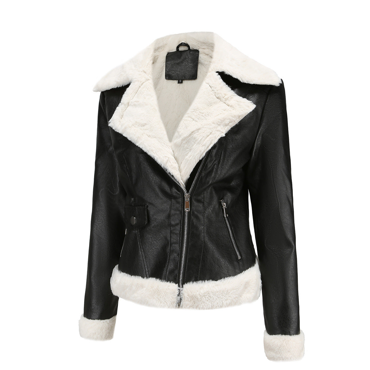 Faux Shearling Trim Aviator Biker Jacket - Black - 1