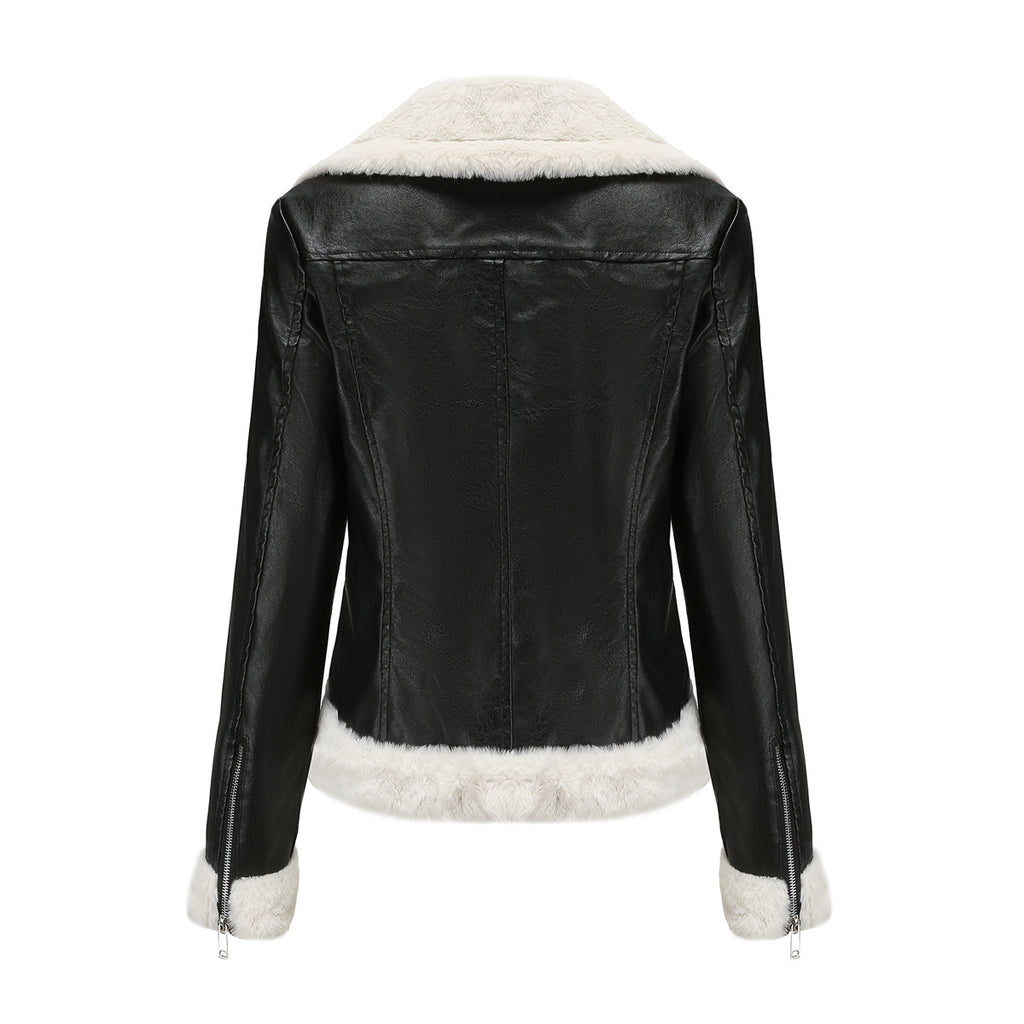 Faux Shearling Trim Aviator Biker Jacket - Black - 3