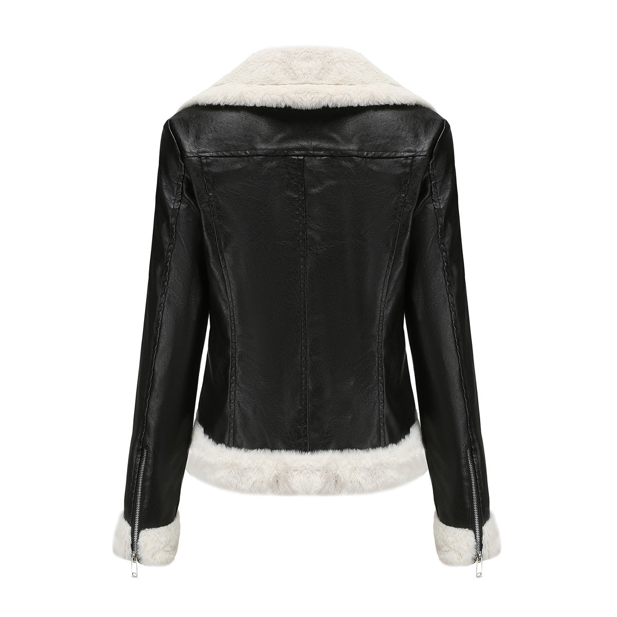 Faux Shearling Trim Aviator Biker Jacket - Black - 3
