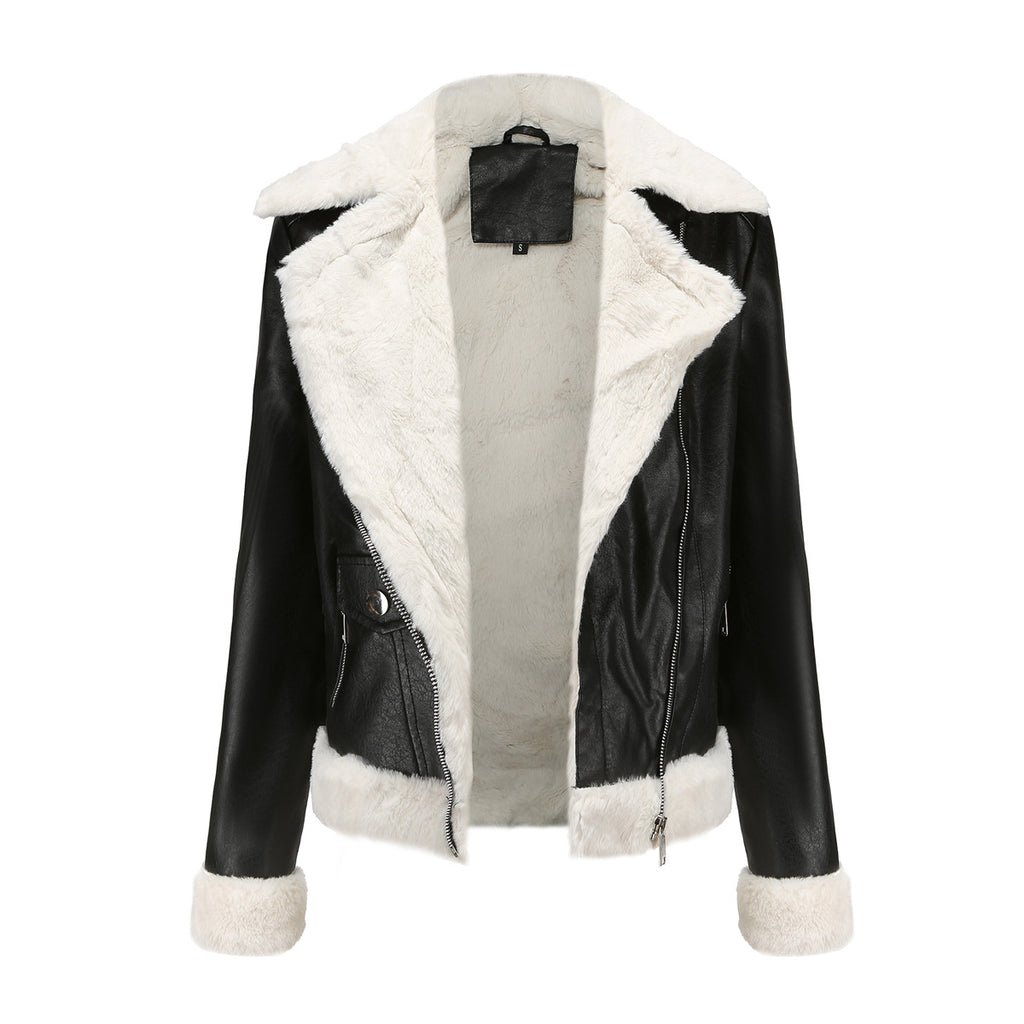 Faux Shearling Trim Aviator Biker Jacket - Black - 4