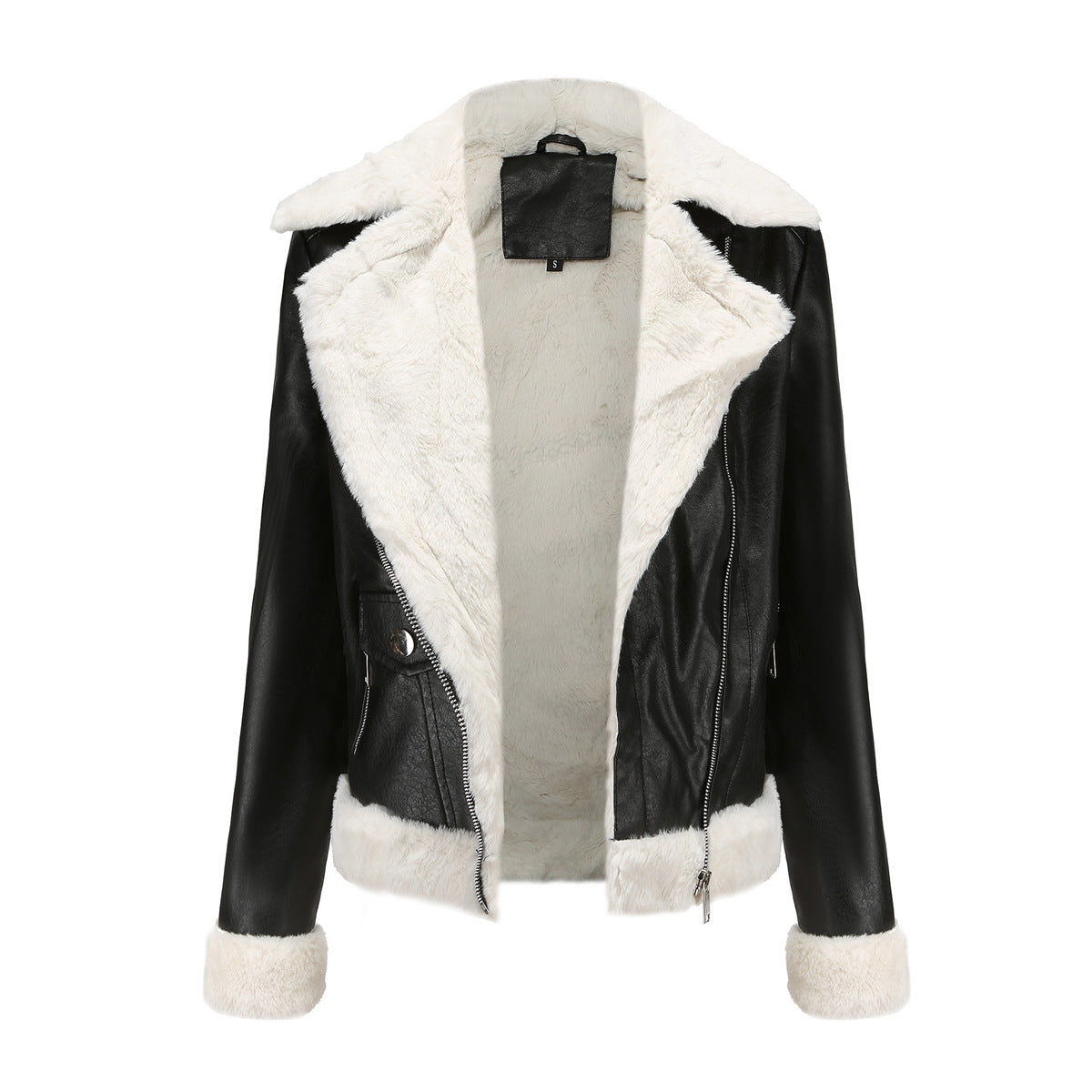 Faux Shearling Trim Aviator Biker Jacket - Black - 4