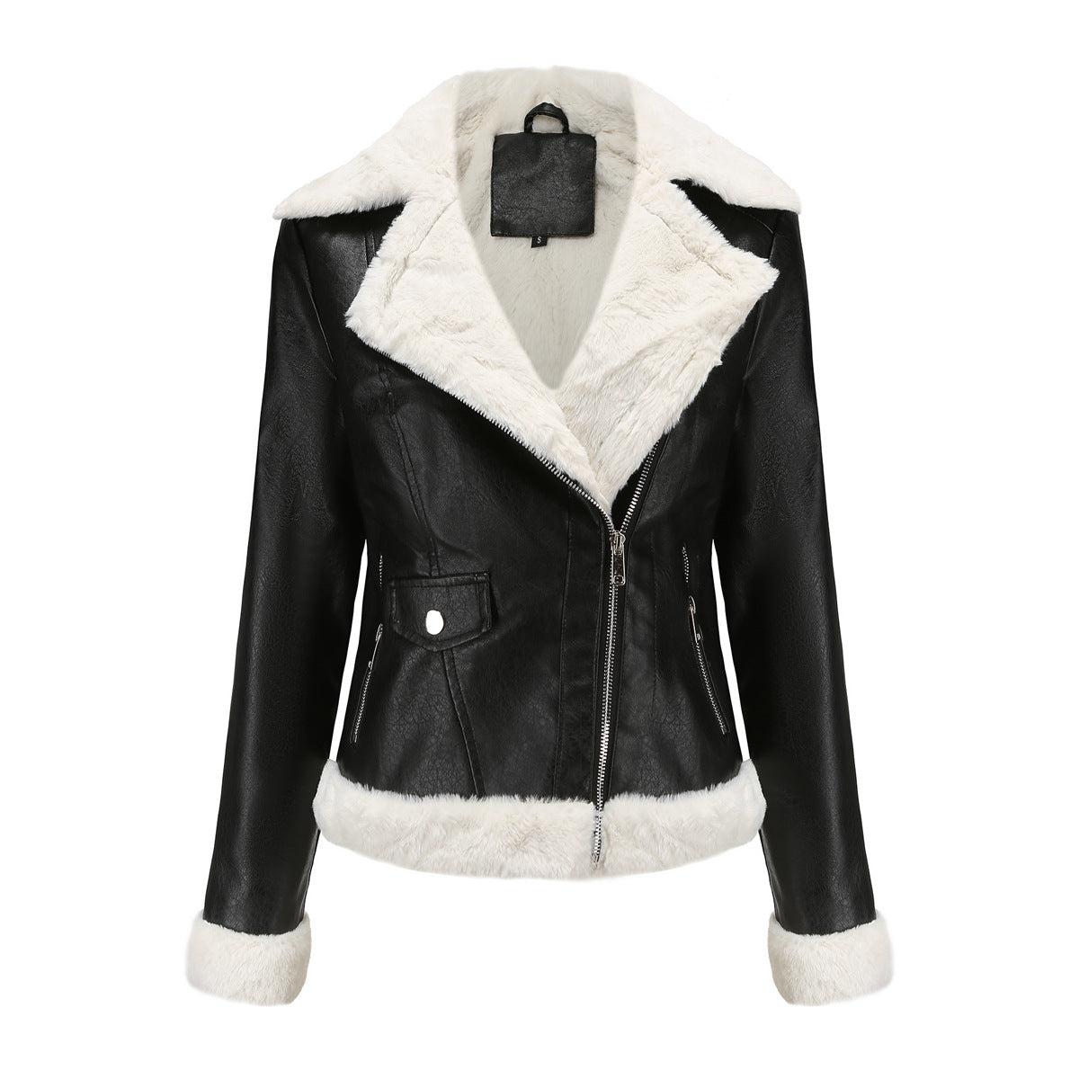 Faux Shearling Trim Aviator Biker Jacket - Black - 5