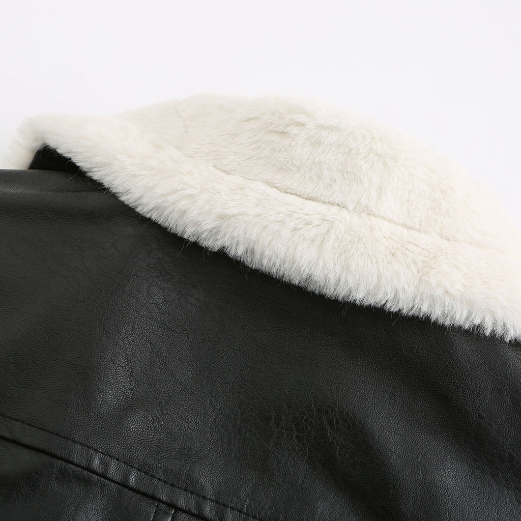 Faux Shearling Trim Aviator Biker Jacket - Black - 7