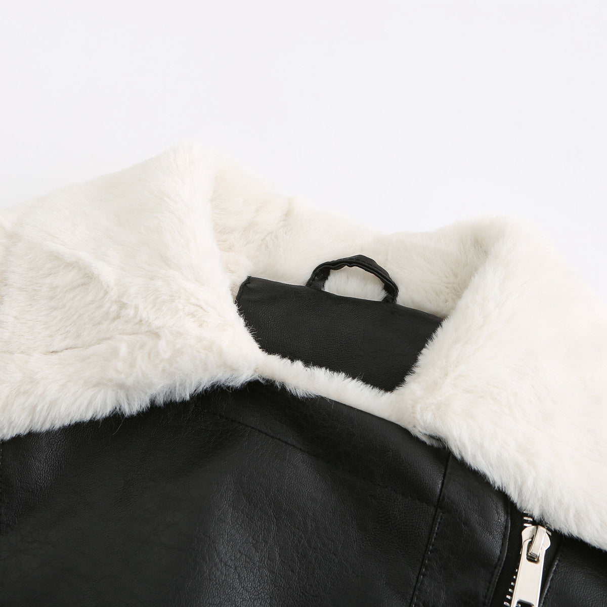 Faux Shearling Trim Aviator Biker Jacket - Black - 8