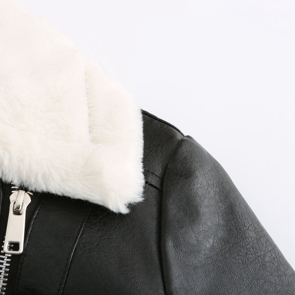 Faux Shearling Trim Aviator Biker Jacket - Black - 9