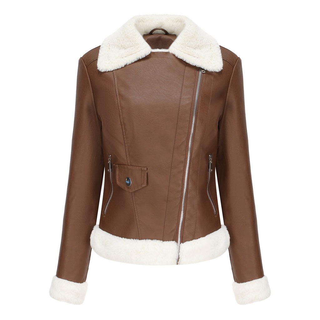Faux Shearling Trim Aviator Biker Jacket - Brown - 2