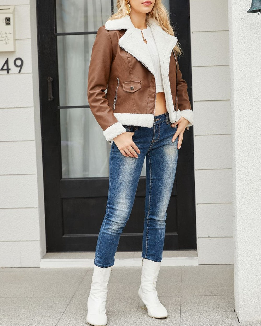 Faux Shearling Trim Aviator Biker Jacket - Brown - 3