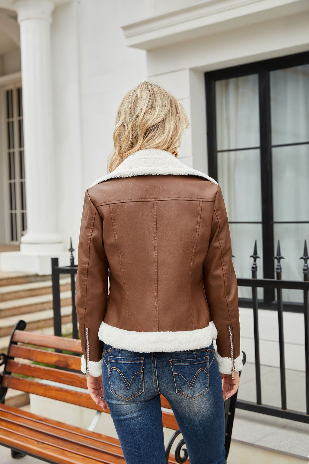 Faux Shearling Trim Aviator Biker Jacket - Brown - 4