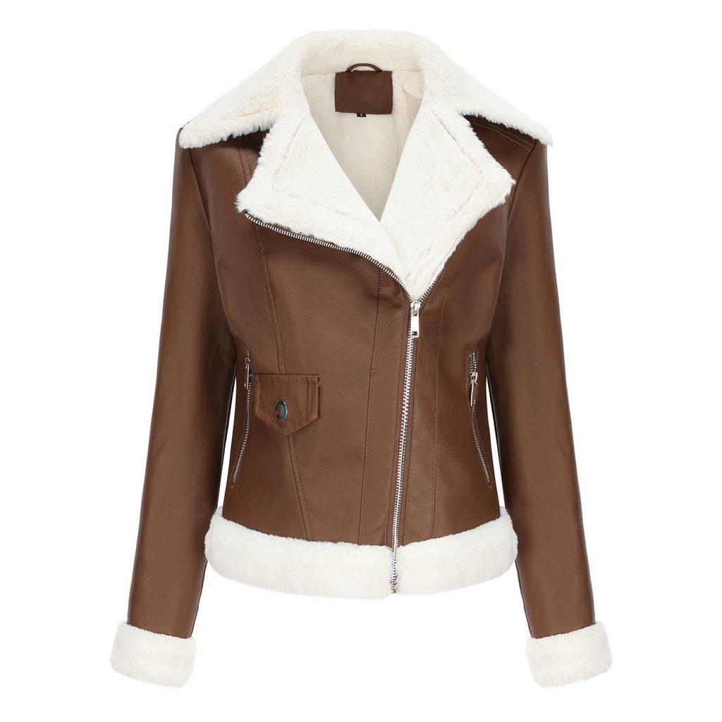 Faux Shearling Trim Aviator Biker Jacket - Brown - 6