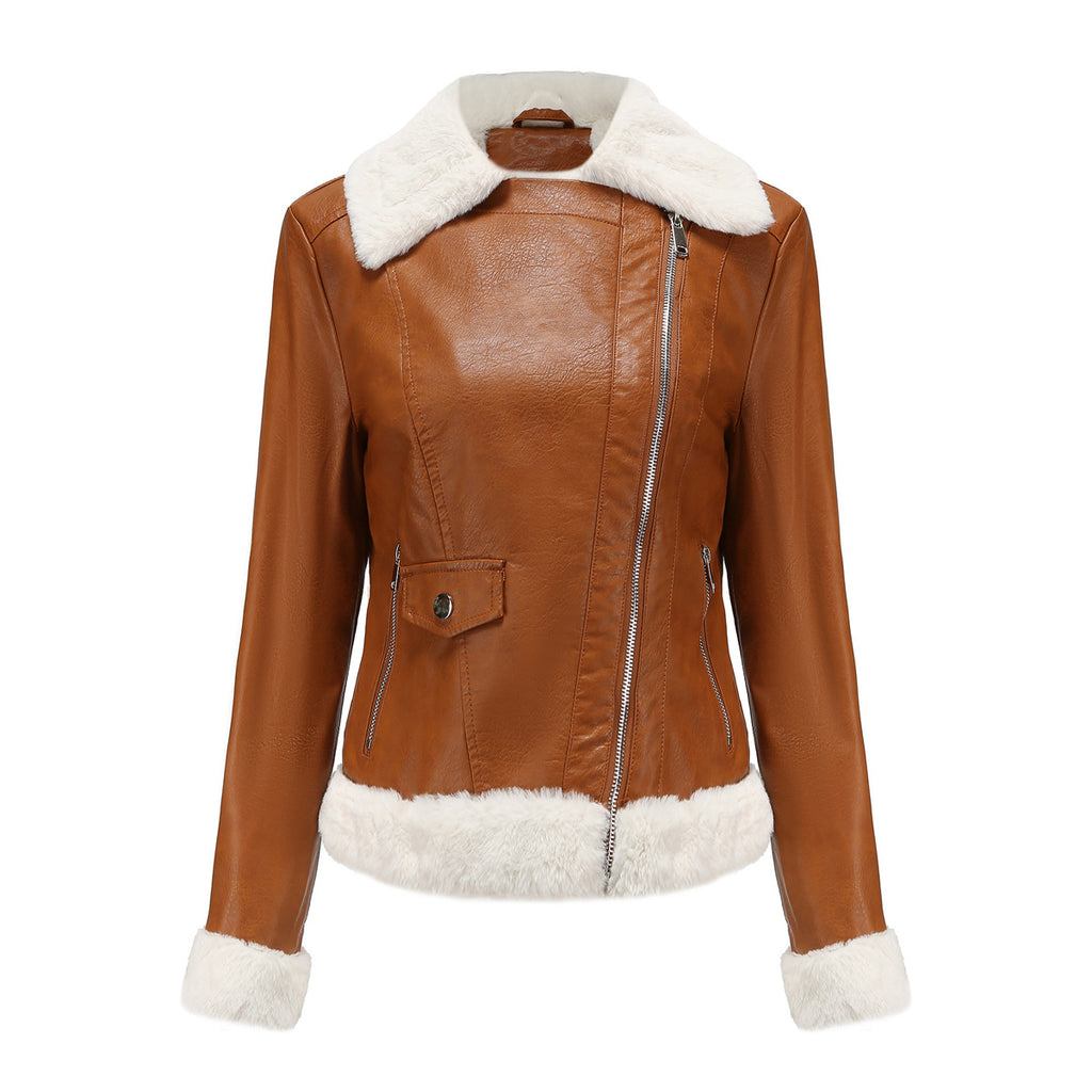 Faux Shearling Trim Aviator Biker Jacket - Camel