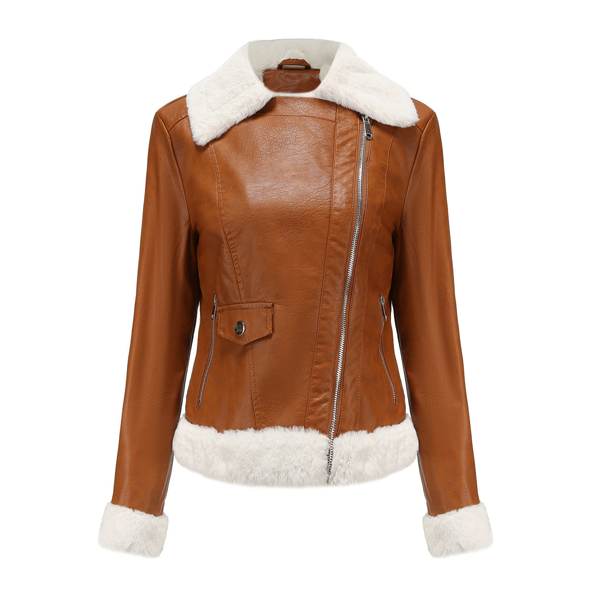 Faux Shearling Trim Aviator Biker Jacket - Camel