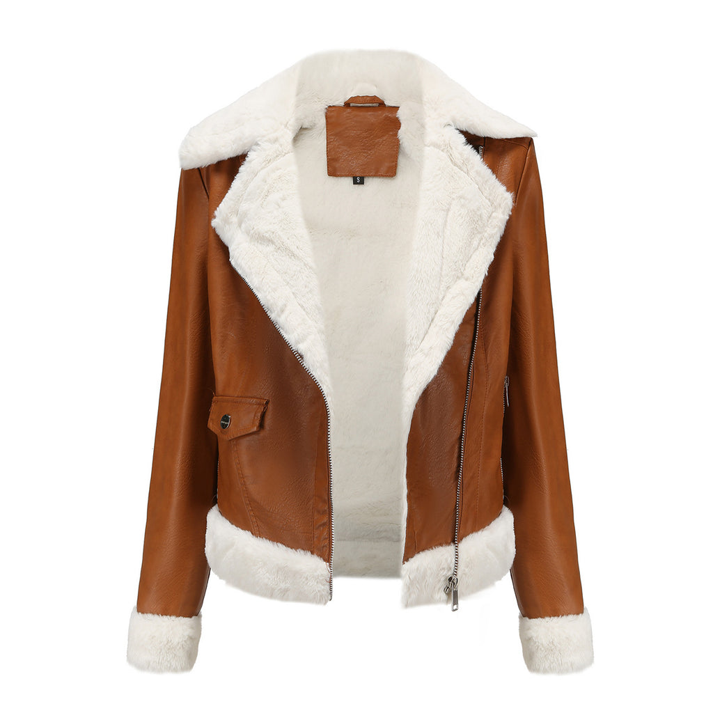 Faux Shearling Trim Aviator Biker Jacket - Camel - 1