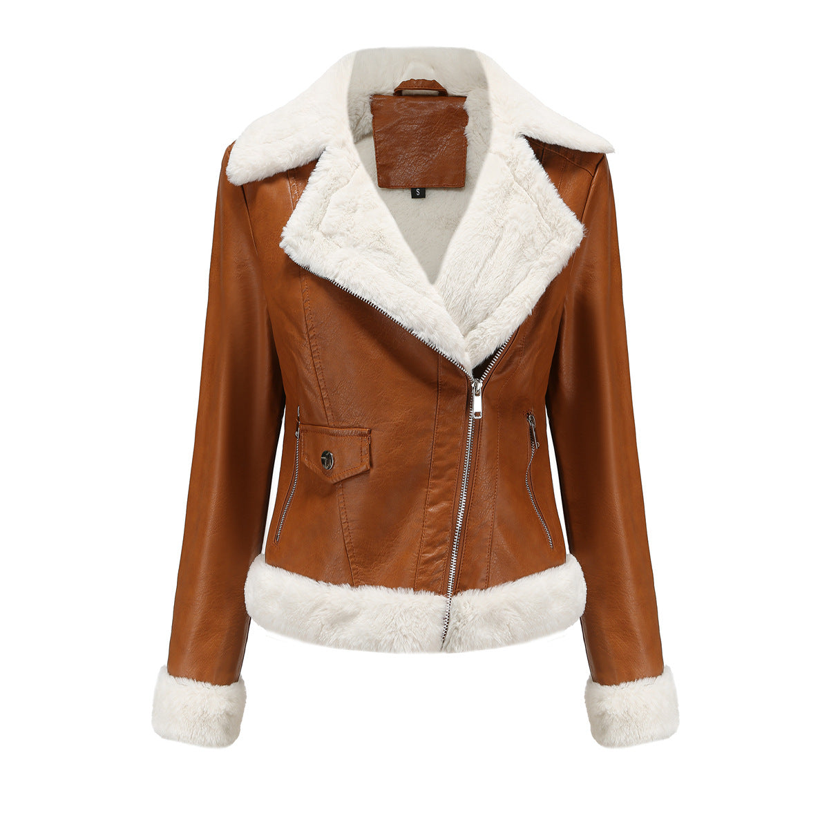 Faux Shearling Trim Aviator Biker Jacket - Camel - 2