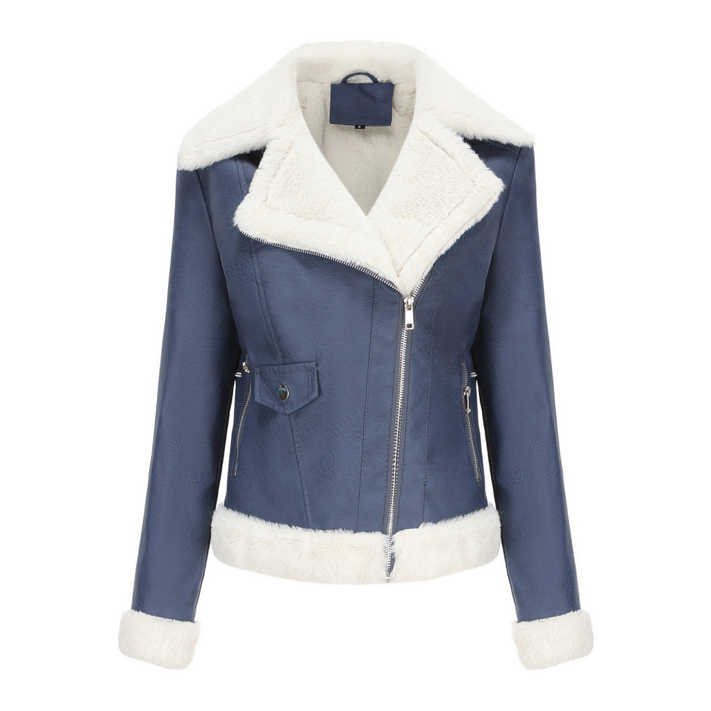 Faux Shearling Trim Aviator Biker Jacket - Navy - 1