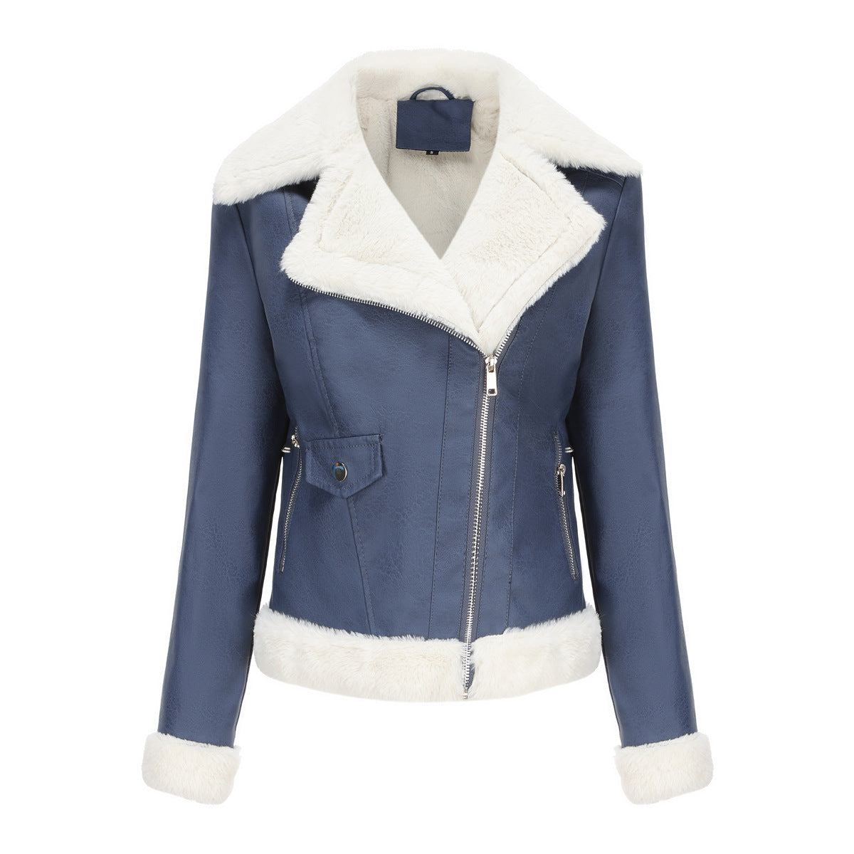 Faux Shearling Trim Aviator Biker Jacket - Navy - 1