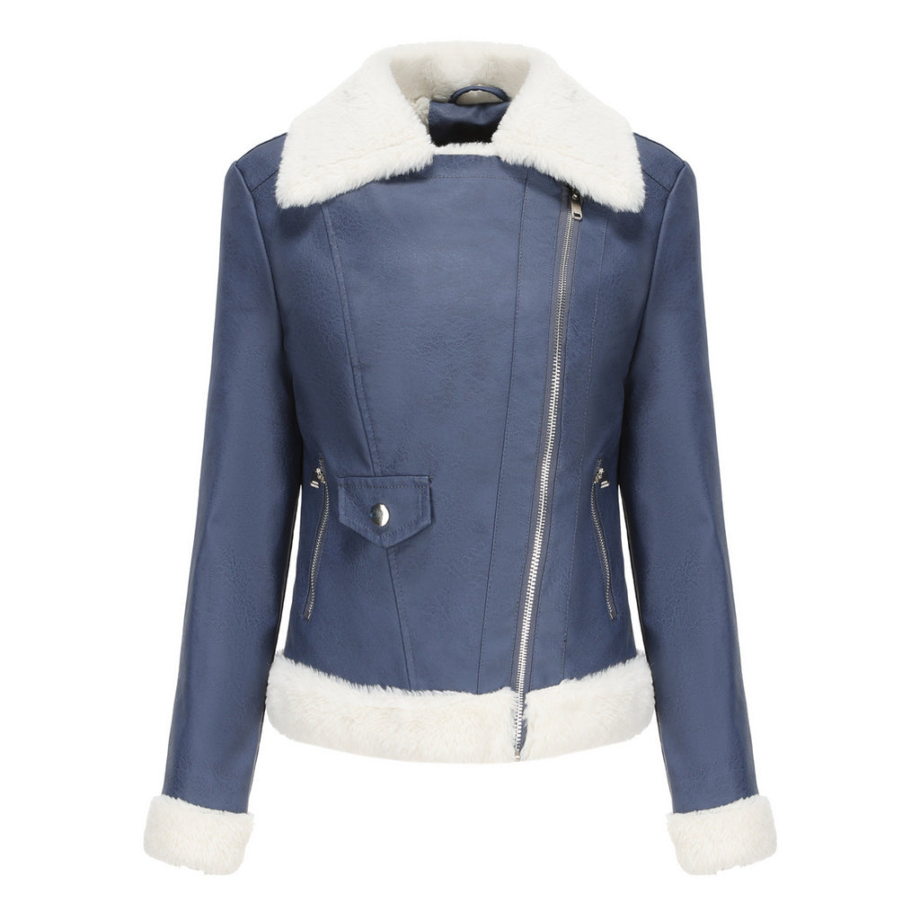 Faux Shearling Trim Aviator Biker Jacket - Navy - 2