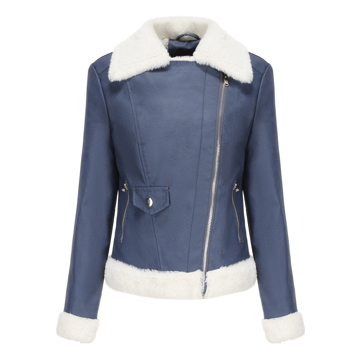 Faux Shearling Trim Aviator Biker Jacket - Navy - 2
