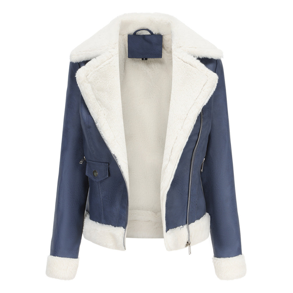 Faux Shearling Trim Aviator Biker Jacket - Navy - 4