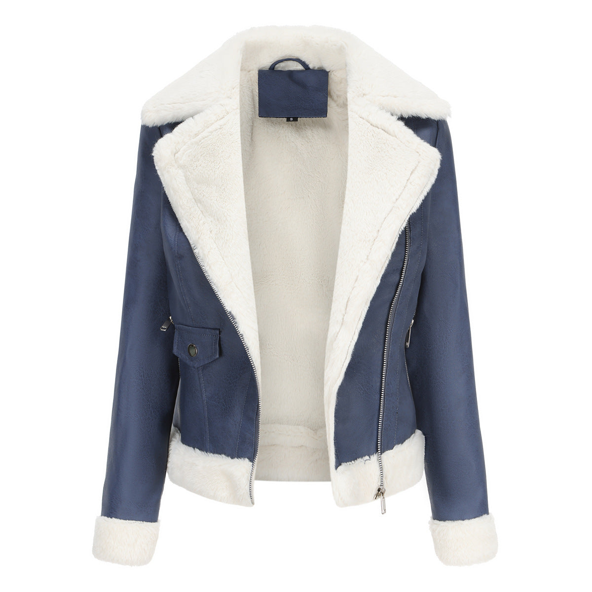 Faux Shearling Trim Aviator Biker Jacket - Navy - 4