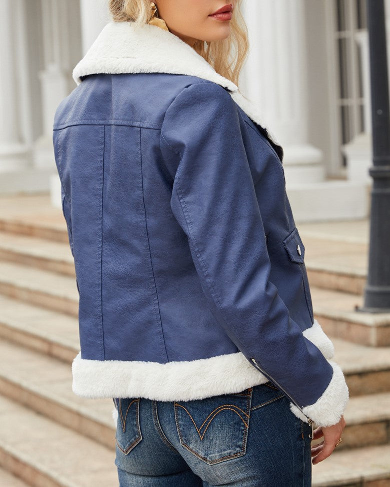 Faux Shearling Trim Aviator Biker Jacket - Navy - 5